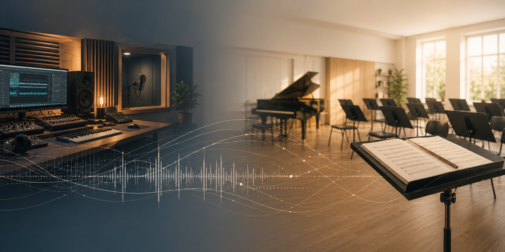 Tonstudio, Flügel, Probenraum und Notenpult als Verbindung von Musik, Medien und Bildung